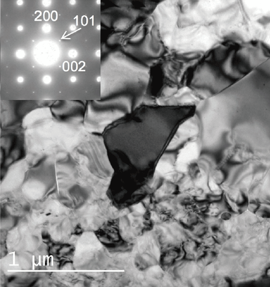 Imej TEM bagi kristal Garnet khas yang dijana di bawah tekanan ultra tinggi yang disebabkan oleh perlanggaran meteorit