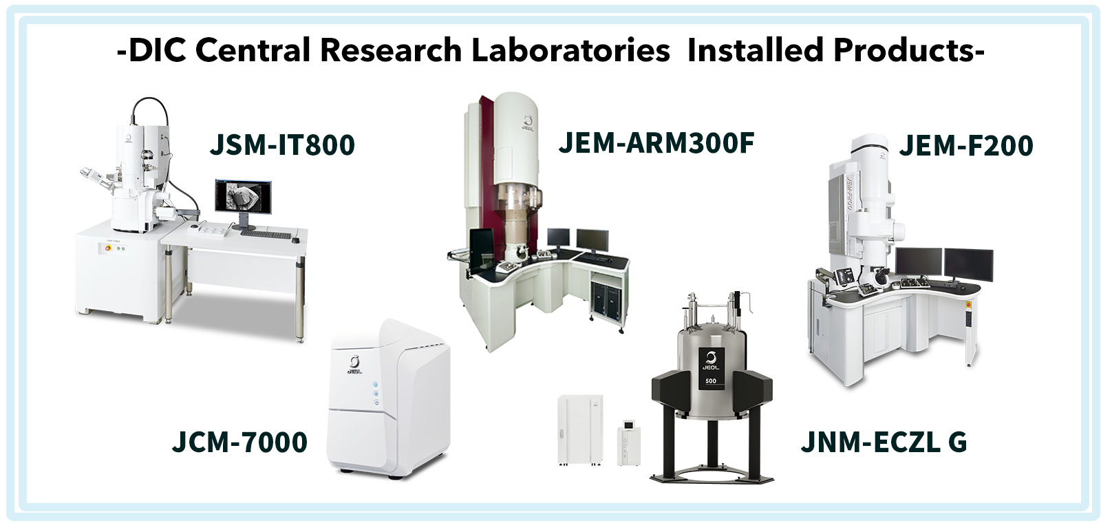 DIC Central Research Laboratories Installed Products：JSM-IT800, JEM-ARM300F, JEM-F200, JCM-7000, JNM-ECZL G