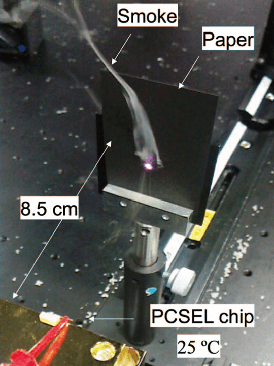 【Fig.8 レーザからの出射光を紙に直接照射した様子。直ちに燃焼する様子が見られた。】