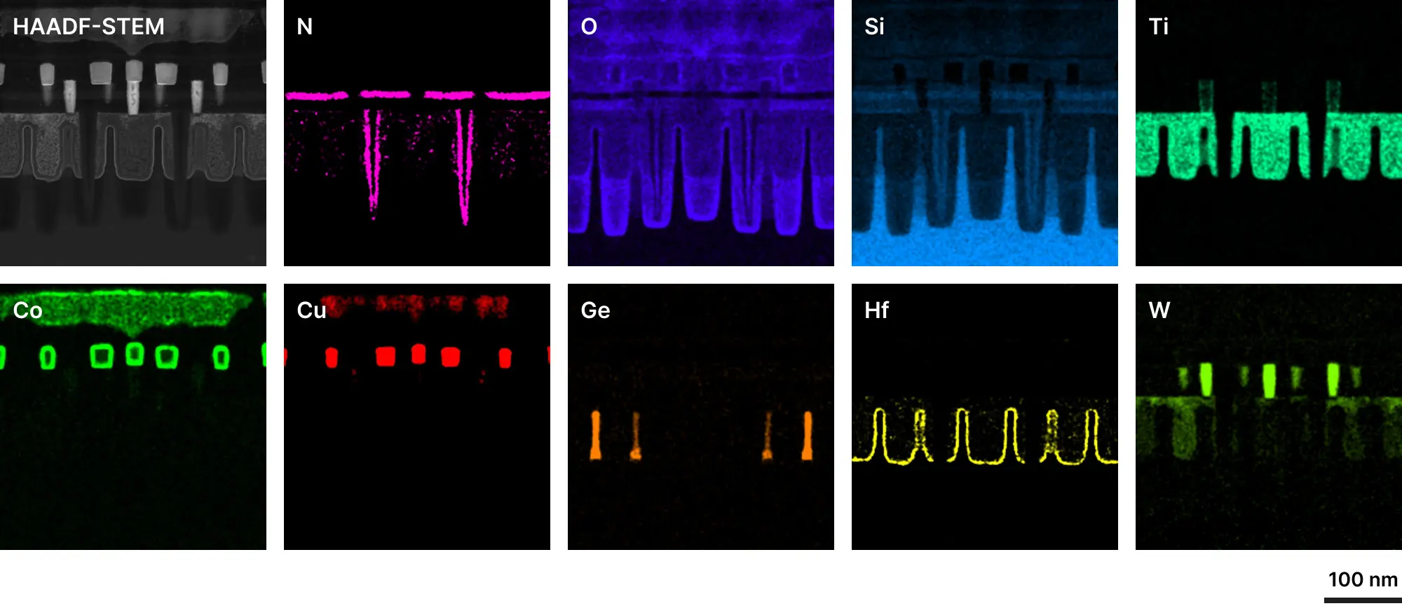 From left to right, are HAADF-STEM, N, O, Si, Ti, Co, Cu, Ge, Hf and W