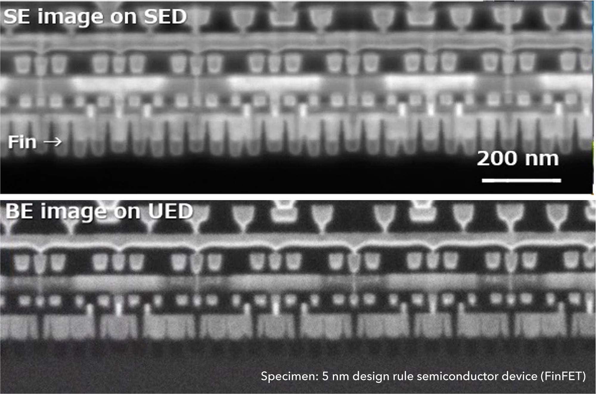 Specimen: 5 nm design rule semiconductor device (FinFET)