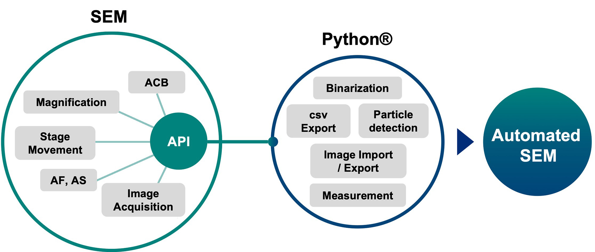 SEM: API-ACB-Magnification-Stage Movement-AF, AS-Image Acquisition、Python®: Binarization, Image Import/Export, Particle Detection, Measurement, csv Export→Automated 
SEM