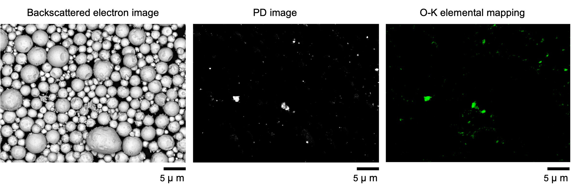 Fig. 7 Left: Backscattered electron image 
, Center: PD image, Right: O-K elemental mapping