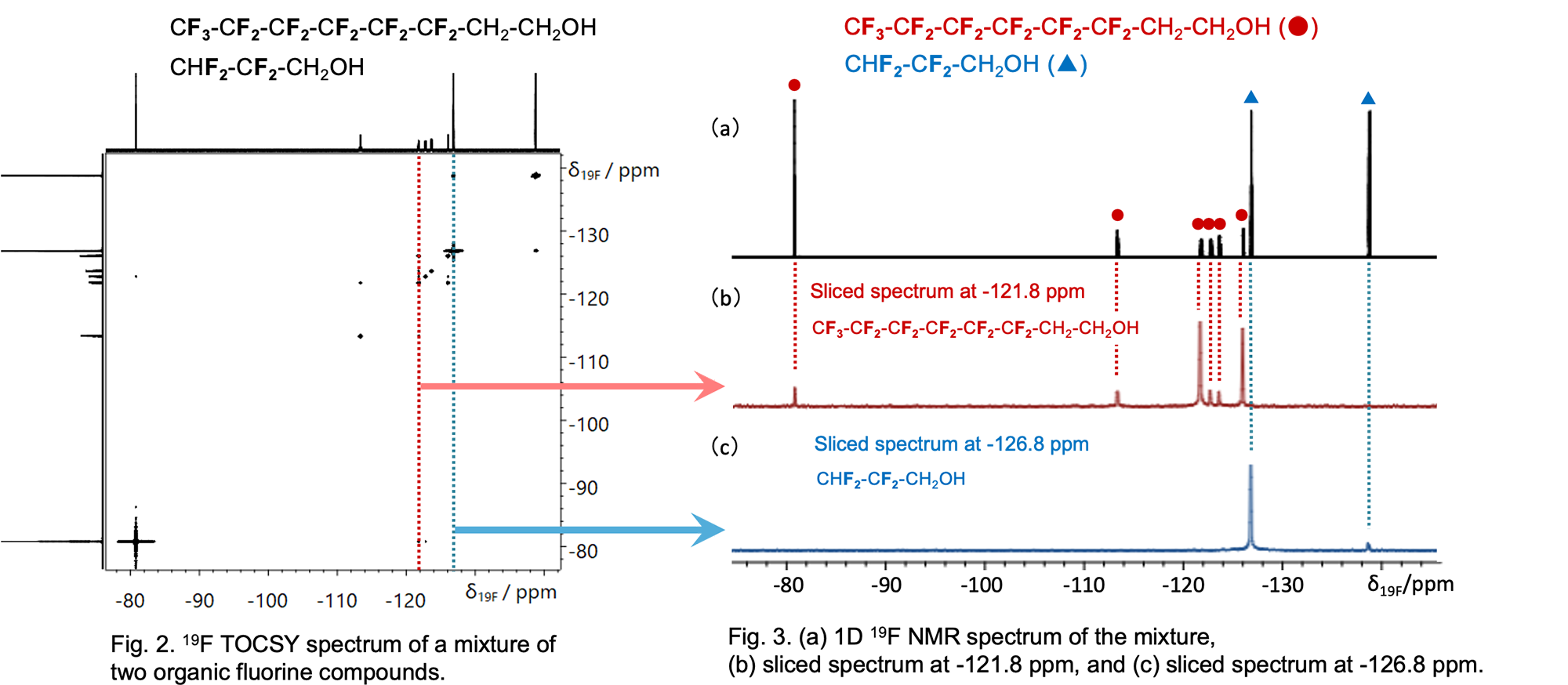 Fig. 2. 19F TOCSY spectrum of a mixture of  two organic fluorine compounds. Fig. 3. (a) 1D 19F NMR spectrum of the mixture, (b) sliced spectrum at -121.8 ppm, and (c) sliced spectrum at -126.8 ppm.