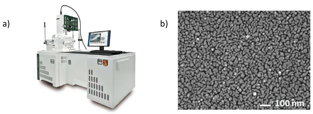 a) JSM-7610F and b) SEM image of Ag-NP deposited on sample surface.