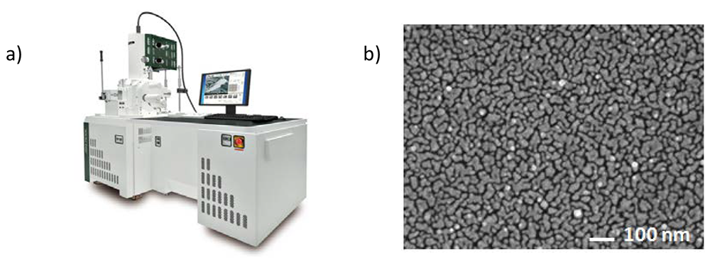 a) JSM-7610F และ b) ภาพ SEM ของ Ag-NP ที่วางอยู่บนพื้นผิวตัวอย่าง