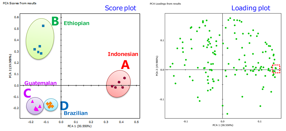 Plot skor GC-TOFMS JEOL / PCA dan plot pemuatan.