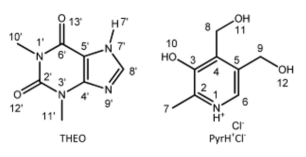 โครงสร้างทางเคมีของ Theophylline (THEO) และ Pridoxine(Pyr)H+Cl-
