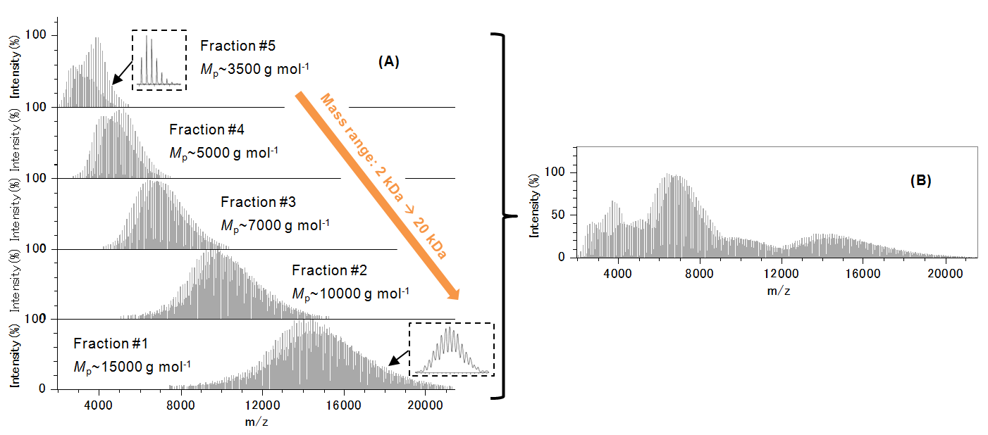 Fig. 2. (A) Mass spectra of the five fractions. (B) Concatenated mass spectra.