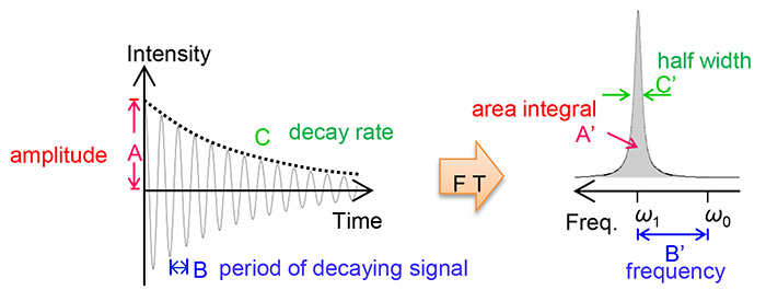 Figure 3. Comparison of an exponentially decaying sinusoid in time domain and frequency domain.