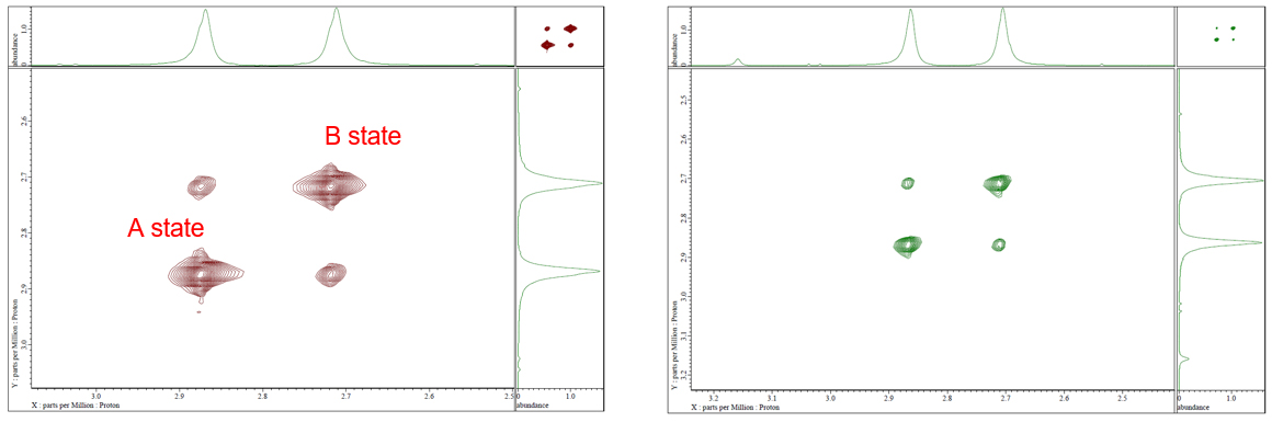 รูปที่ 1： 2D NOESY (ซ้าย) และ 2D ROESY (ขวา) ของ DMF ใน DMSO-d6 ที่ 70oC