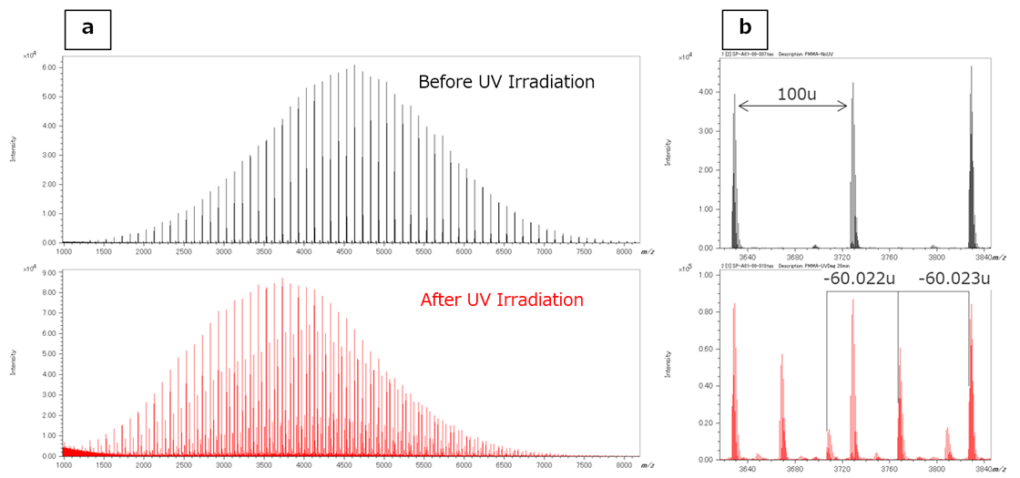 Fig. 4  Mass spectra of MMA before and after UV irradiation using MALDI-TOFMS