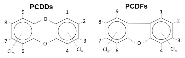 그림 1. PCDD(왼쪽)와 PCDF(오른쪽)의 구조