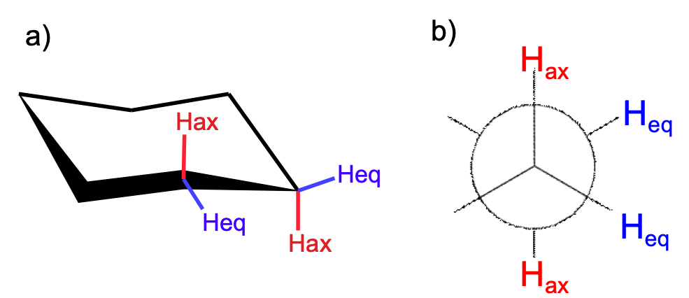 Stereo configuration of cyclohexane ring a), Newman projection b)