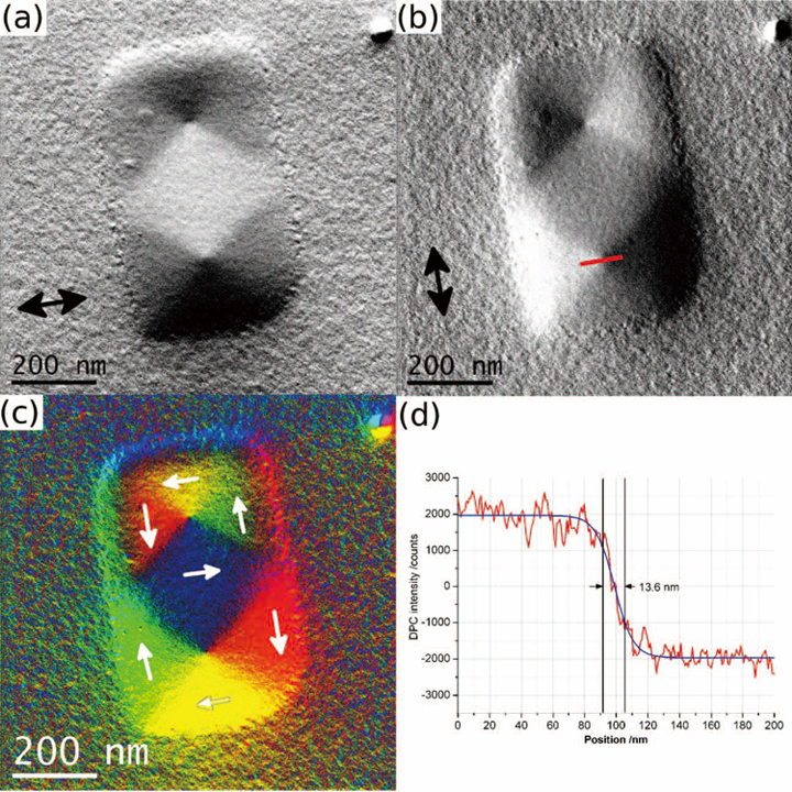 Рис. 5 DPC-изображение наноэлемента EBID Fe. (a) и (b) горизонтальные и вертикальные изображения компонент DPC, (c) цветная карта, показывающая направления магнитной индукции, (d) линейное измерение диаметра ядра вихря для линии, указанной в (b).