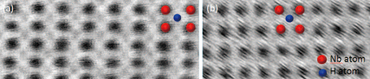 그림 7 그림 8 a) 실내 및 b) LN200 온도에서 2kV 원자 분해능 ABF 이미지. 두 이미지 모두 Nb 원자 컬럼을 보여주지만 수소 컬럼은 샘플 진동 증가로 인해 저온 이미지에서 잘 보이지 않습니다.