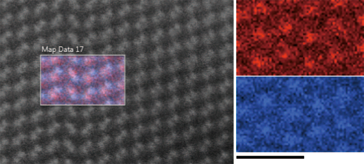 그림 8 Cd L(빨간색) 및 Te L(파란색) 시리즈가 중첩된 상태에서 트윈 경계를 가로질러 획득한 HAADF STEM 이미지. 눈금 막대는 1nm이며 개별 요소 맵에 적용됩니다.