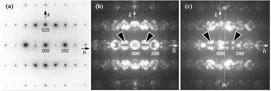 Partial extinction (dark lines) in the reflections excited by Umweganregung. (Data courtesy: Professor Kenji Tsuda, Tohoku University)